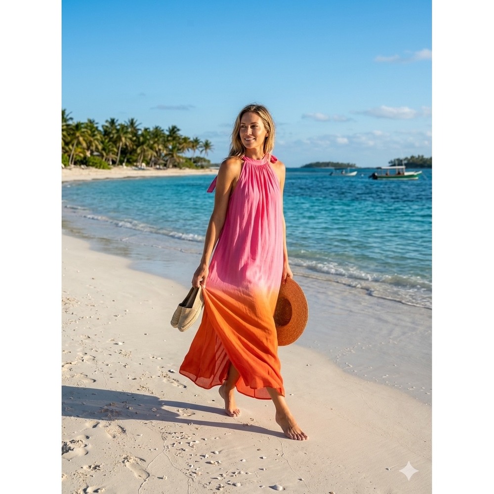 Mud Pie Pink Orange Ombre Halter Maxi Dress Side Slit Summer Beach Size S